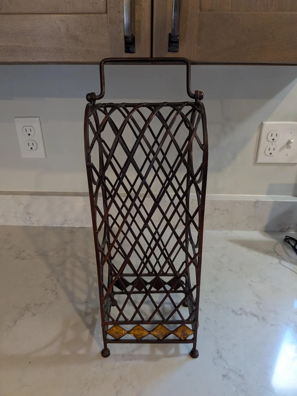 Vintage 1980s Wine Rack Wrought Iron 3 Bottle Dark Brown Storage With Handle